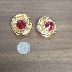 Gawdy Gold Tone and Red Clip-On Earrings